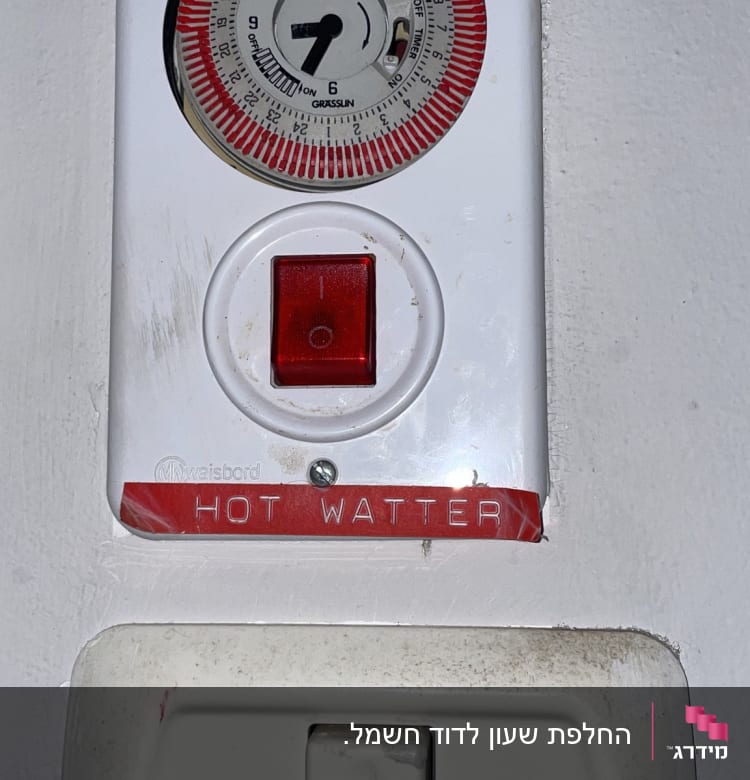 שעון טיימר ומתג חשמלי על קיר לבן